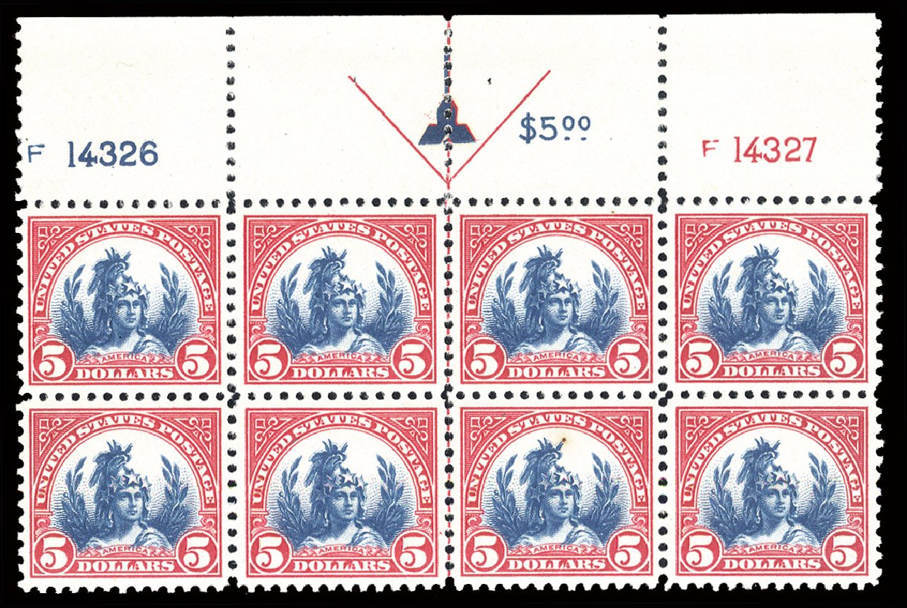 Values of US Stamps Scott Catalog #573: 1923 US$5.00 Freedom Statue Perf 11. Cherrystone Auctions, Jun 2014, Sale 201406, Lot 93