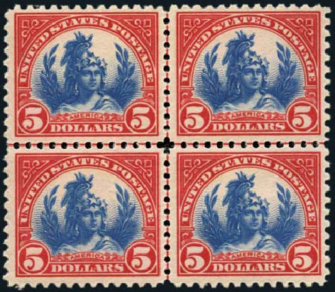 Values of US Stamps Scott Catalog # 573: 1923 US$5.00 Freedom Statue Perf 11. Harmer-Schau Auction Galleries, Jan 2013, Sale 96, Lot 603