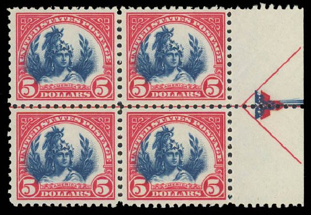 US Stamps Value Scott #573: US$5.00 1923 Freedom Statue Perf 11. Daniel Kelleher Auctions, Oct 2011, Sale 626, Lot 443