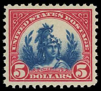 US Stamps Value Scott Cat. #573: US$5.00 1923 Freedom Statue Perf 11. Daniel Kelleher Auctions, Jun 2012, Sale 630, Lot 1913