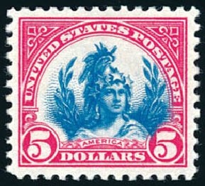Cost of US Stamps Scott 573: US$5.00 1923 Freedom Statue Perf 11. Schuyler J. Rumsey Philatelic Auctions, Apr 2015, Sale 60, Lot 2443