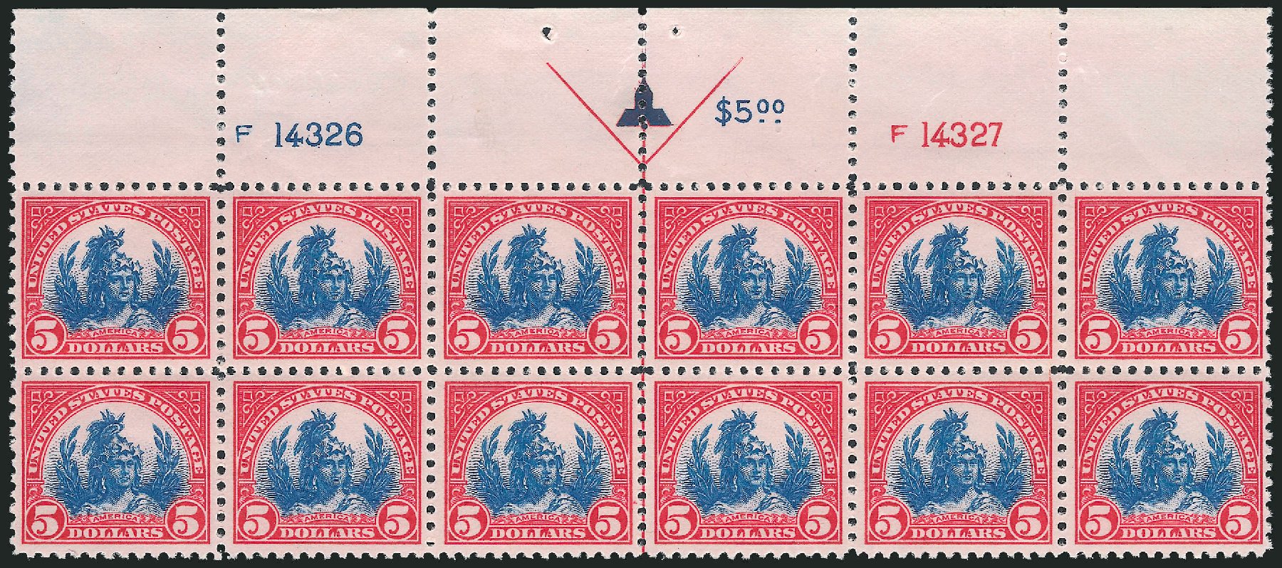 US Stamps Values Scott Catalog #573 - US$5.00 1923 Freedom Statue Perf 11. Robert Siegel Auction Galleries, Oct 2011, Sale 1014, Lot 2073