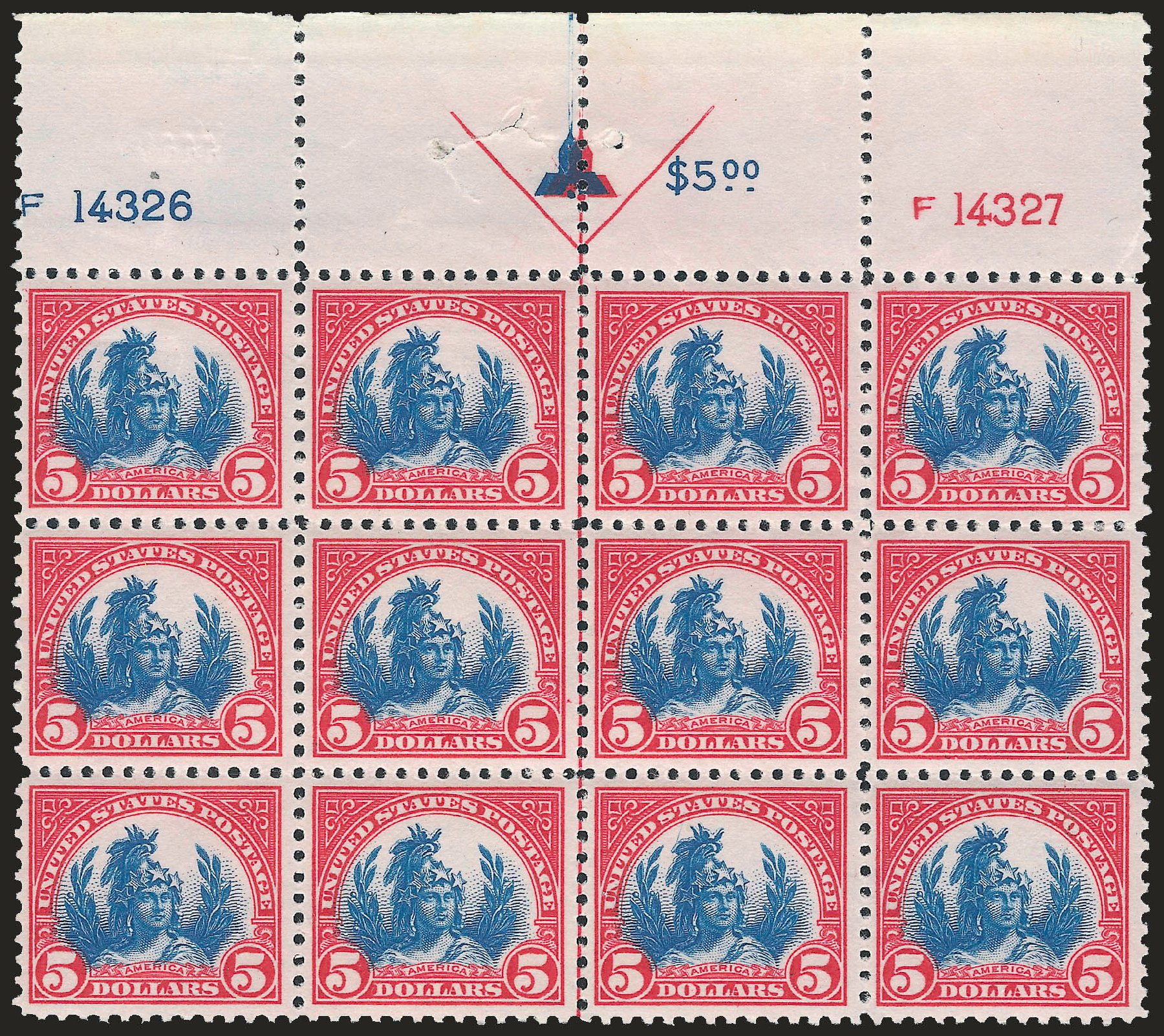 Value of US Stamp Scott Catalog 573 - US$5.00 1923 Freedom Statue Perf 11. Robert Siegel Auction Galleries, Jun 2009, Sale 975, Lot 1993