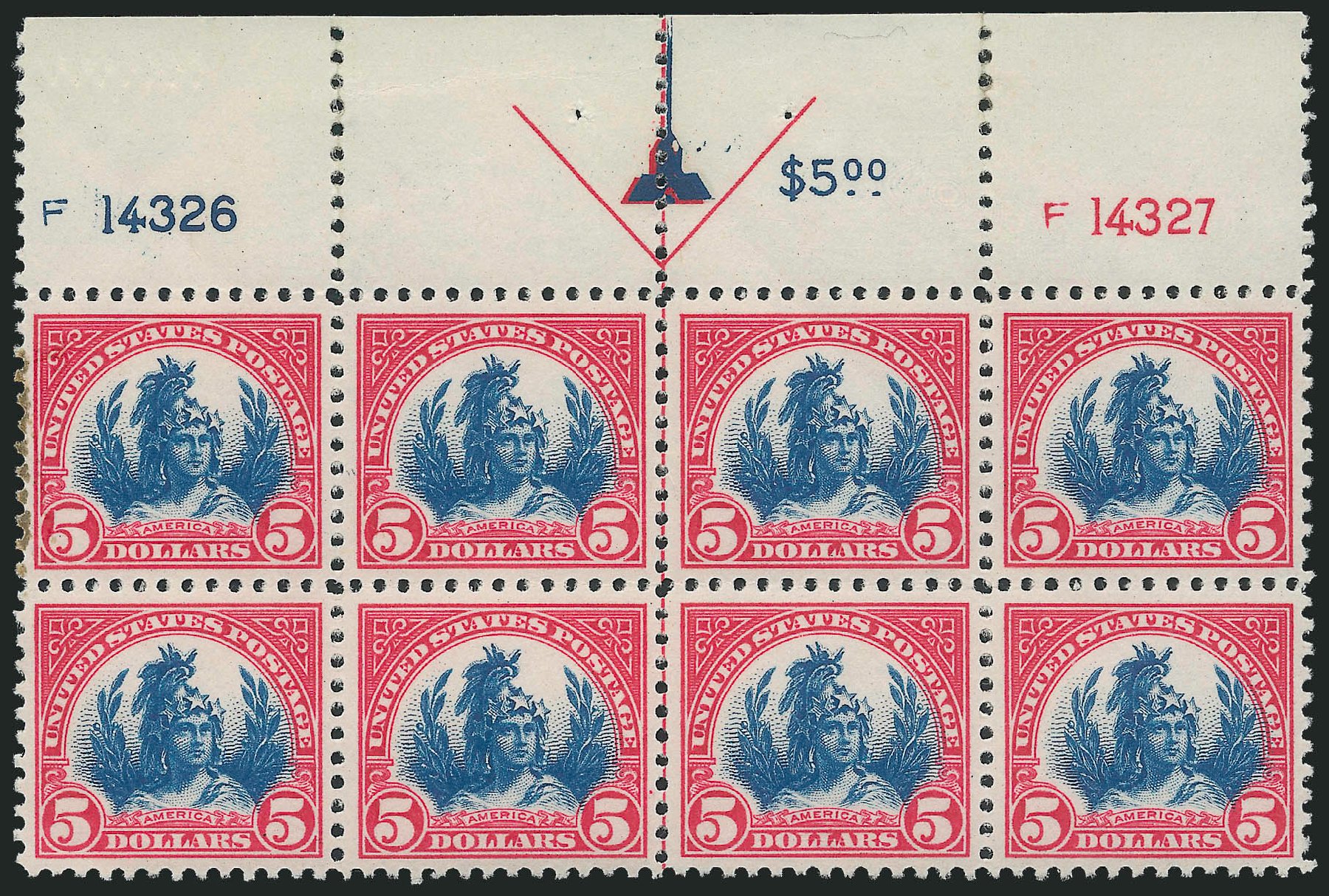 Costs of US Stamps Scott # 573 - 1923 US$5.00 Freedom Statue Perf 11. Robert Siegel Auction Galleries, Oct 2010, Sale 997, Lot 6103