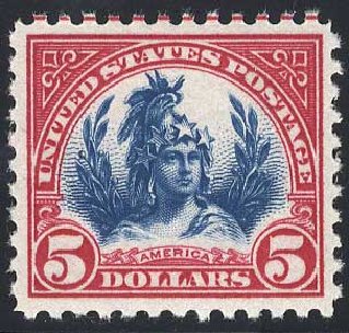 US Stamps Value Scott Catalog #573 - US$5.00 1923 Freedom Statue Perf 11. Cherrystone Auctions, Jul 2008, Sale 200807, Lot 56