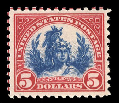 Cost of US Stamps Scott Cat. 573: US$5.00 1923 Freedom Statue Perf 11. Cherrystone Auctions, Sep 2008, Sale 200809, Lot 46