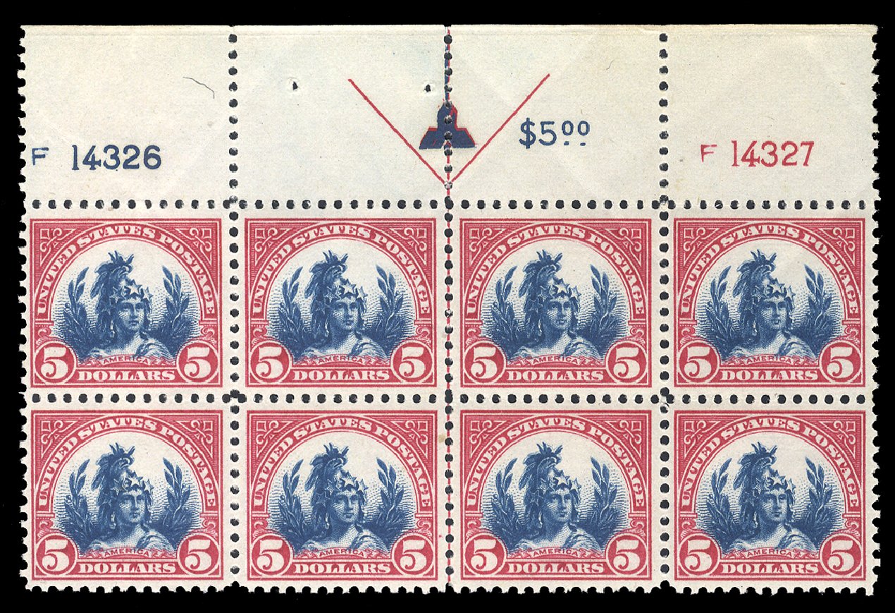 Value of US Stamps Scott Catalog #573 - 1923 US$5.00 Freedom Statue Perf 11. Cherrystone Auctions, Feb 2011, Sale 201102, Lot 106