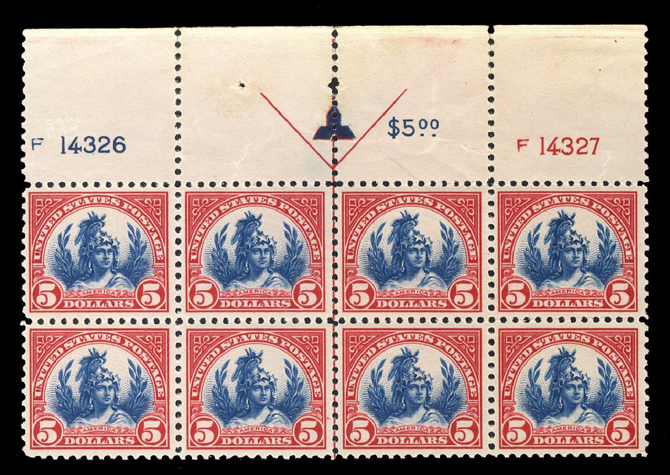 Values of US Stamp Scott #573 - US$5.00 1923 Freedom Statue Perf 11. Cherrystone Auctions, Nov 2014, Sale 201411, Lot 76