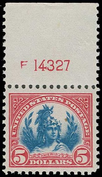 Price of US Stamp Scott Cat. 573: 1923 US$5.00 Freedom Statue Perf 11. H.R. Harmer, Jun 2013, Sale 3003, Lot 1406