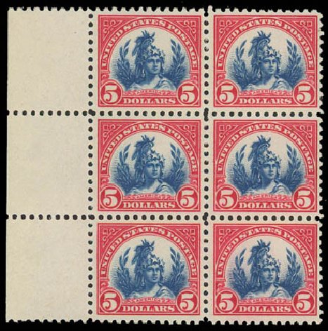 US Stamps Values Scott Catalogue 573 - 1923 US$5.00 Freedom Statue Perf 11. Daniel Kelleher Auctions, Oct 2011, Sale 626, Lot 446