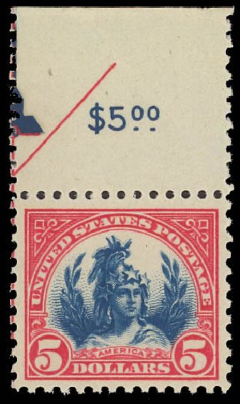 US Stamps Value Scott Catalogue # 573: US$5.00 1923 Freedom Statue Perf 11. Daniel Kelleher Auctions, Aug 2012, Sale 631, Lot 1326