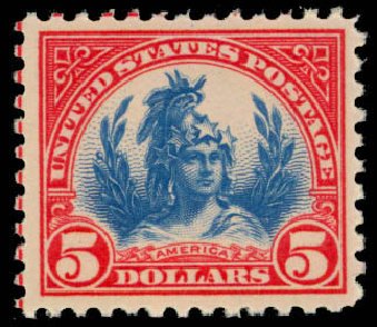 US Stamps Value Scott #573 - US$5.00 1923 Freedom Statue Perf 11. Daniel Kelleher Auctions, Apr 2013, Sale 636, Lot 436