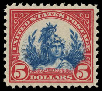 US Stamps Value Scott #573: US$5.00 1923 Freedom Statue Perf 11. Daniel Kelleher Auctions, May 2015, Sale 669, Lot 3146