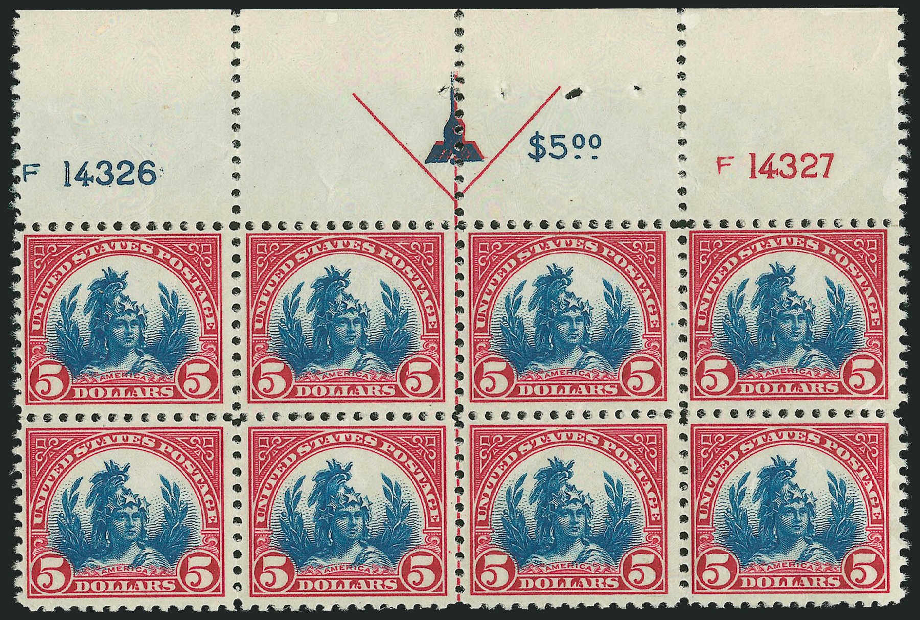 Values of US Stamp Scott Cat. 573: US$5.00 1923 Freedom Statue Perf 11. Robert Siegel Auction Galleries, Dec 2012, Sale 1037, Lot 2136
