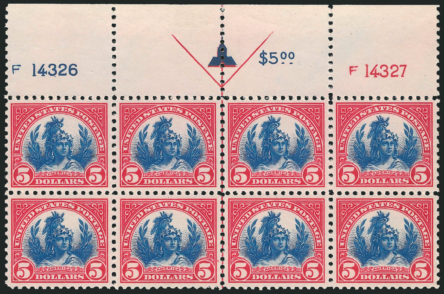 Cost of US Stamps Scott Catalog 573: US$5.00 1923 Freedom Statue Perf 11. Robert Siegel Auction Galleries, Jul 2014, Sale 1077, Lot 336