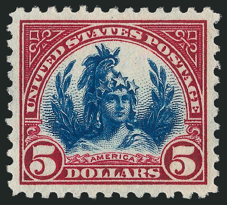 Values of US Stamp Scott Catalog # 573 - US$5.00 1923 Freedom Statue Perf 11. Robert Siegel Auction Galleries, Sep 2009, Sale 968B, Lot 736