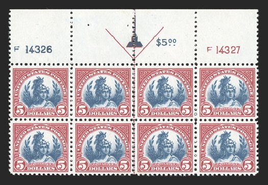Values of US Stamps Scott Catalog #573: 1923 US$5.00 Freedom Statue Perf 11. Spink Shreves Galleries, Jul 2012, Sale 140, Lot 306