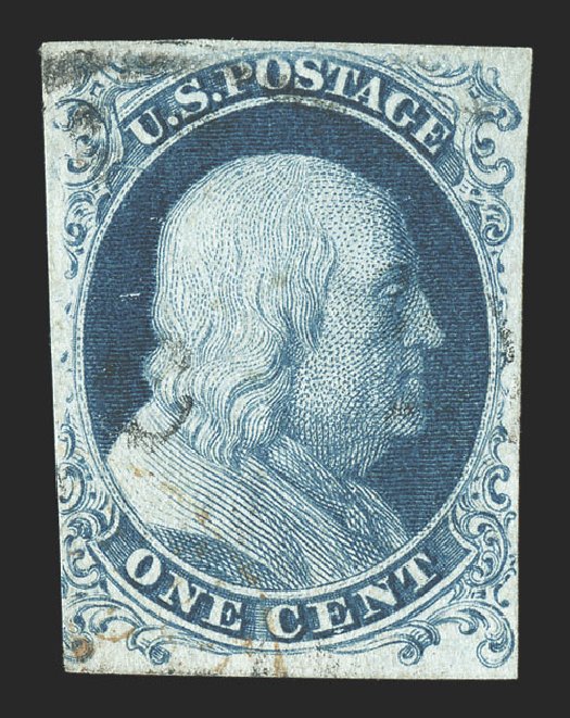 US Stamps Values Scott #6: 1857 1c Franklin. Spink Shreves Galleries, Jul 2012, Sale 140, Lot 31