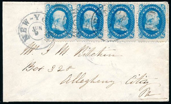 US Stamps Values Scott 63: 1c 1861 Franklin. Schuyler J. Rumsey Philatelic Auctions, Apr 2015, Sale 60, Lot 1787