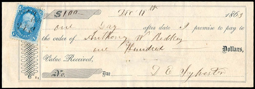 US Stamps Values Scott Catalog # 63 - 1861 1c Franklin. Schuyler J. Rumsey Philatelic Auctions, Apr 2015, Sale 60, Lot 1679