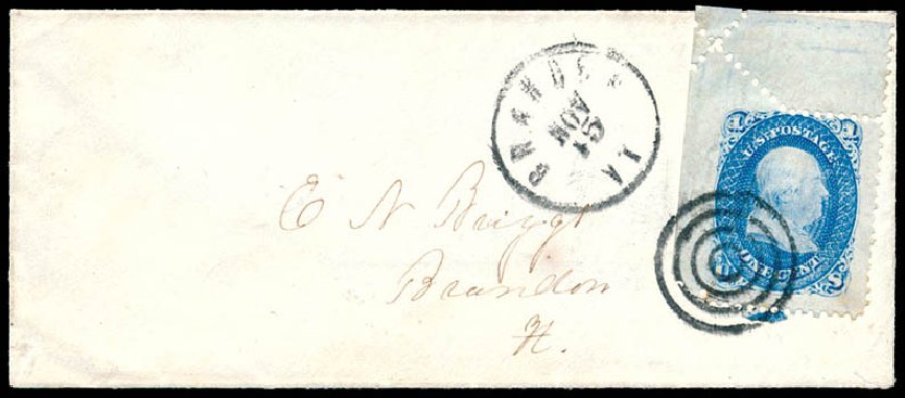 US Stamps Values Scott 63: 1c 1861 Franklin. Schuyler J. Rumsey Philatelic Auctions, Apr 2015, Sale 60, Lot 1521