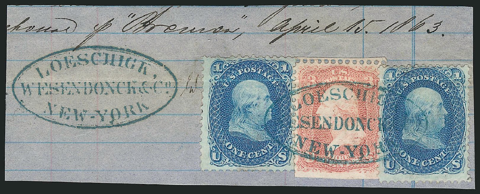US Stamps Values Scott Catalog # 63 - 1861 1c Franklin. Robert Siegel Auction Galleries, Apr 2014, Sale 1068, Lot 81