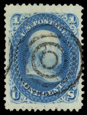 US Stamp Value Scott Catalog # 63 - 1861 1c Franklin. Daniel Kelleher Auctions, Dec 2013, Sale 640, Lot 92