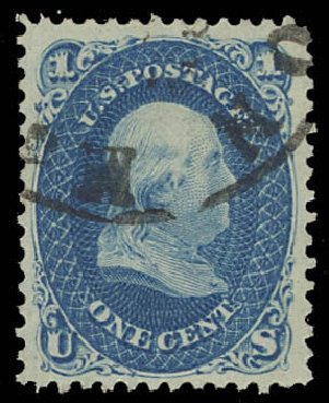 US Stamp Value Scott Catalogue 63 - 1861 1c Franklin. Daniel Kelleher Auctions, Oct 2012, Sale 632, Lot 976