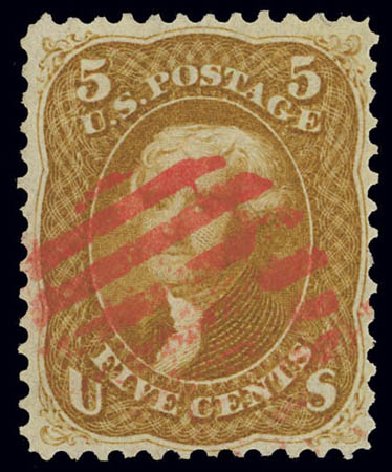 Costs of US Stamps Scott Catalog 67: 1861 5c Jefferson. Daniel Kelleher Auctions, Feb 2013, Sale 634, Lot 57
