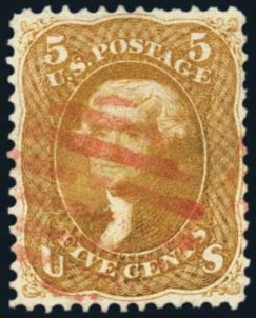 US Stamp Price Scott Cat. #67: 5c 1861 Jefferson. Harmer-Schau Auction Galleries, Jan 2014, Sale 100, Lot 450
