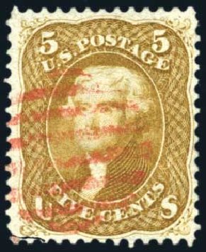 Value of US Stamp Scott Catalog # 67: 1861 5c Jefferson. Harmer-Schau Auction Galleries, Aug 2011, Sale 90, Lot 1183