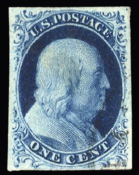 Value of US Stamp Scott Catalog # 7: 1851 1c Franklin. Cherrystone Auctions, Jan 2015, Sale 201501, Lot 37
