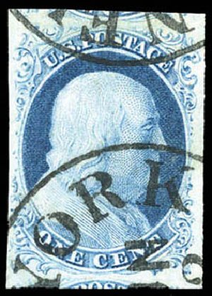 US Stamps Values Scott # 7 - 1851 1c Franklin. Matthew Bennett International, Mar 2011, Sale 337, Lot 2445