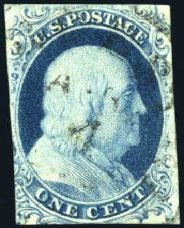 US Stamp Values Scott Cat. 7 - 1851 1c Franklin. Harmer-Schau Auction Galleries, Apr 2010, Sale 85, Lot 232