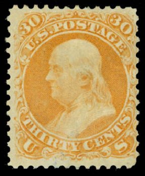 Value of US Stamps Scott Catalogue # 71 - 1861 30c Franklin. Daniel Kelleher Auctions, Sep 2014, Sale 655, Lot 217