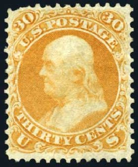 Values of US Stamps Scott Catalogue #71 - 30c 1861 Franklin. Harmer-Schau Auction Galleries, Oct 2008, Sale 79, Lot 68