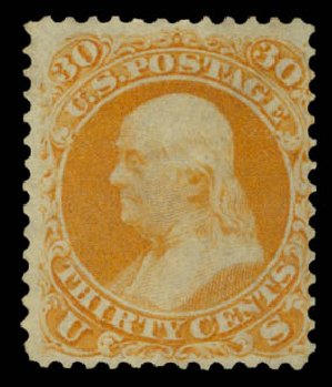 US Stamp Values Scott Catalogue #71: 30c 1861 Franklin. Daniel Kelleher Auctions, Sep 2014, Sale 655, Lot 218