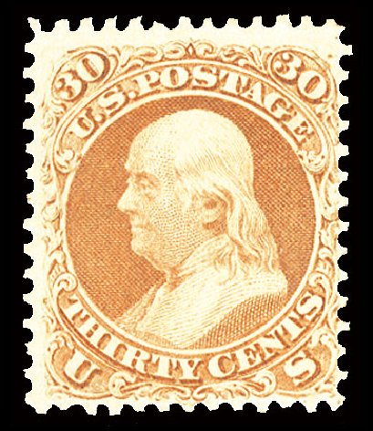 Values of US Stamps Scott Catalog 71: 30c 1861 Franklin. Cherrystone Auctions, Jul 2013, Sale 201307, Lot 19
