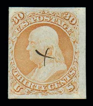 US Stamp Values Scott Cat. # 71: 30c 1861 Franklin. Matthew Bennett International, Dec 2007, Sale 325, Lot 1520