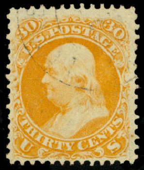 Price of US Stamp Scott Catalogue #71 - 1861 30c Franklin. Daniel Kelleher Auctions, Mar 2013, Sale 635, Lot 280