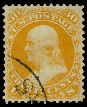 Values of US Stamp Scott #71: 30c 1861 Franklin. Daniel Kelleher Auctions, Sep 2013, Sale 639, Lot 3184