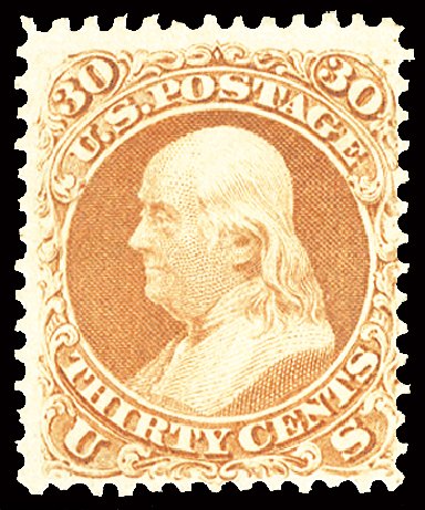 Values of US Stamps Scott Catalog 71 - 30c 1861 Franklin. Cherrystone Auctions, Feb 2011, Sale 201102, Lot 25