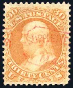 Cost of US Stamps Scott Catalog #71 - 30c 1861 Franklin. Harmer-Schau Auction Galleries, Feb 2010, Sale 84, Lot 1336