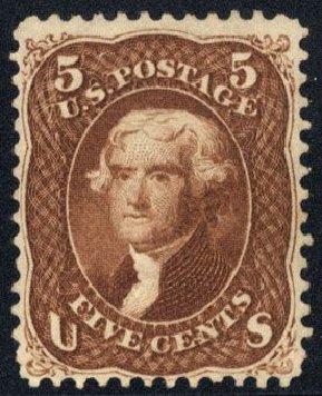 Cost of US Stamps Scott Catalogue #75 - 1862 5c Jefferson. Cherrystone Auctions, Mar 2008, Sale 200803, Lot 109