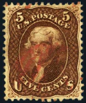 Prices of US Stamps Scott Catalogue 75: 1862 5c Jefferson. Harmer-Schau Auction Galleries, Aug 2012, Sale 94, Lot 1111
