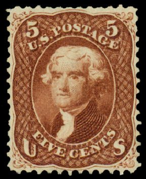 US Stamps Value Scott Catalog #75: 5c 1862 Jefferson. Daniel Kelleher Auctions, Dec 2013, Sale 640, Lot 103