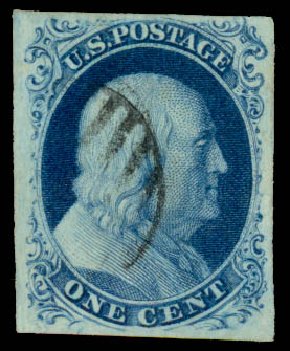 Values of US Stamp Scott Catalogue # 8 - 1857 1c Franklin. Daniel Kelleher Auctions, Mar 2014, Sale 648, Lot 2007