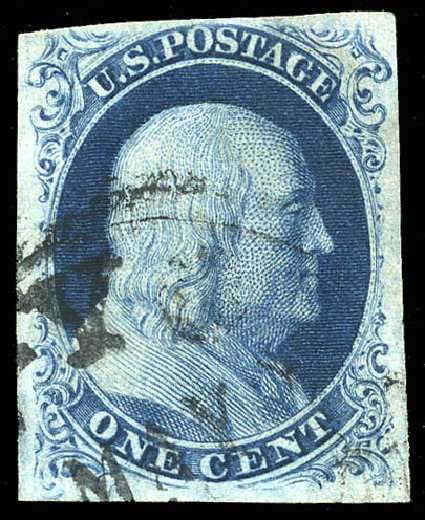 Values of US Stamps Scott Catalogue 8: 1c 1857 Franklin. Matthew Bennett International, May 2014, Sale 350, Lot 18