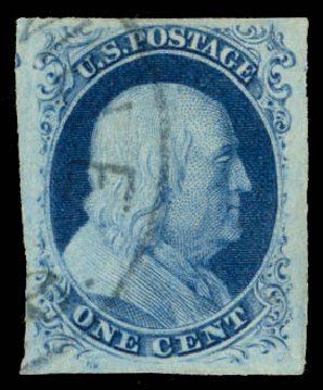 US Stamps Value Scott Catalogue 8 - 1857 1c Franklin. Daniel Kelleher Auctions, Oct 2014, Sale 660, Lot 2030