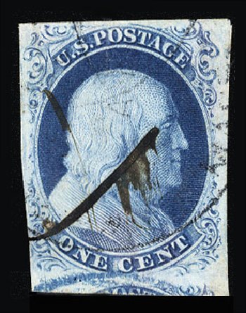 US Stamps Value Scott # 8: 1c 1857 Franklin. Cherrystone Auctions, May 2013, Sale 201305, Lot 21